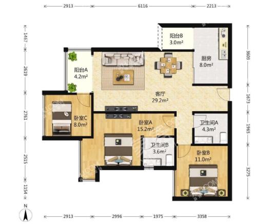 建发.中央鹭洲  4室2厅1卫   4000.00元/月室内图1