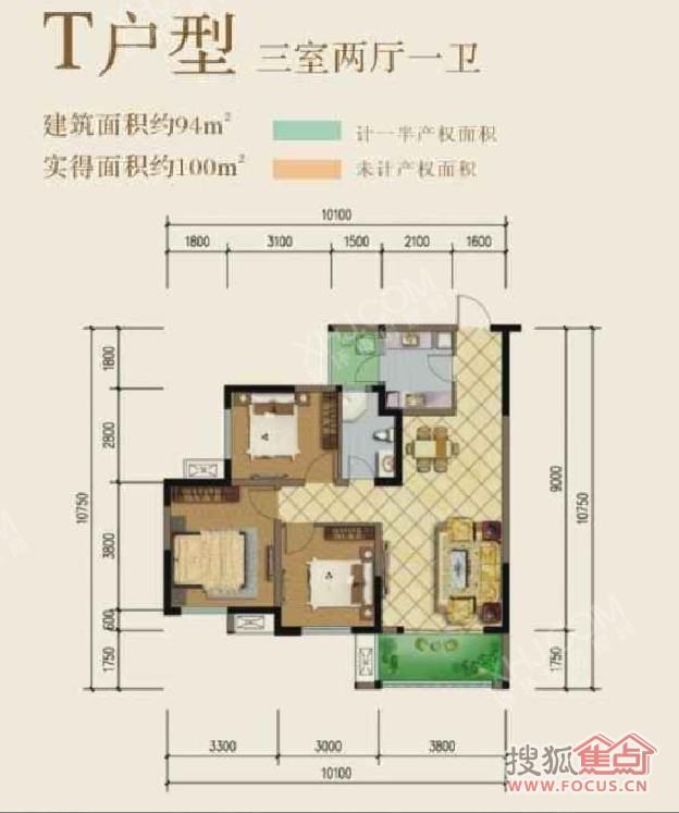 佳兆业君汇上品  3室2厅1卫   1800.00元/月室内图1