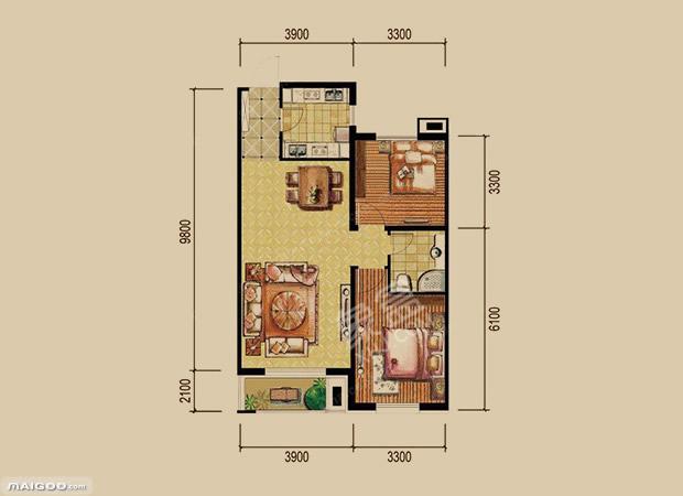 德胜佳园  2室2厅1卫   1800.00元/月户型图