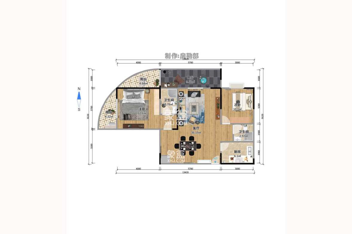 紫晶城  3室2厅2卫   1700.00元/月户型图