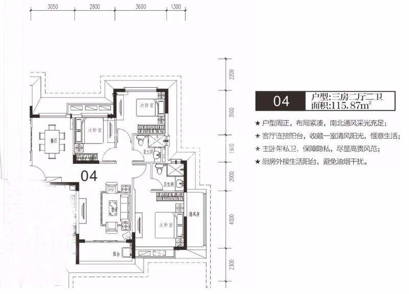 恒大雅苑 3室2厅1厨1卫 2400.00元/月户型图