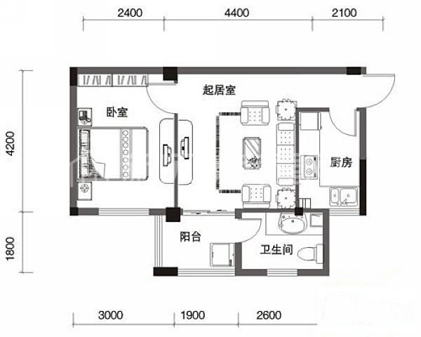 世纪桃花苑  1室1厅1卫   1400.00元/月户型图