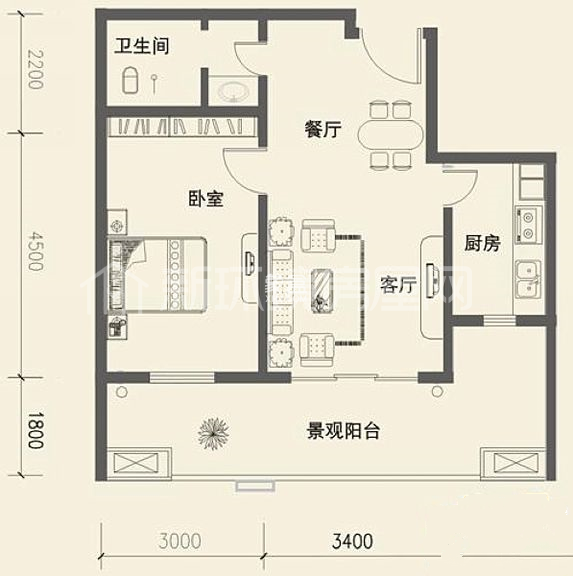 世纪桃花苑  1室1厅1卫   1570.00元/月户型图
