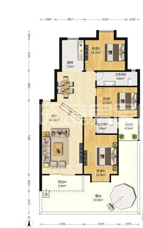 富怡康苑  3室2厅2卫   56.80万户型图